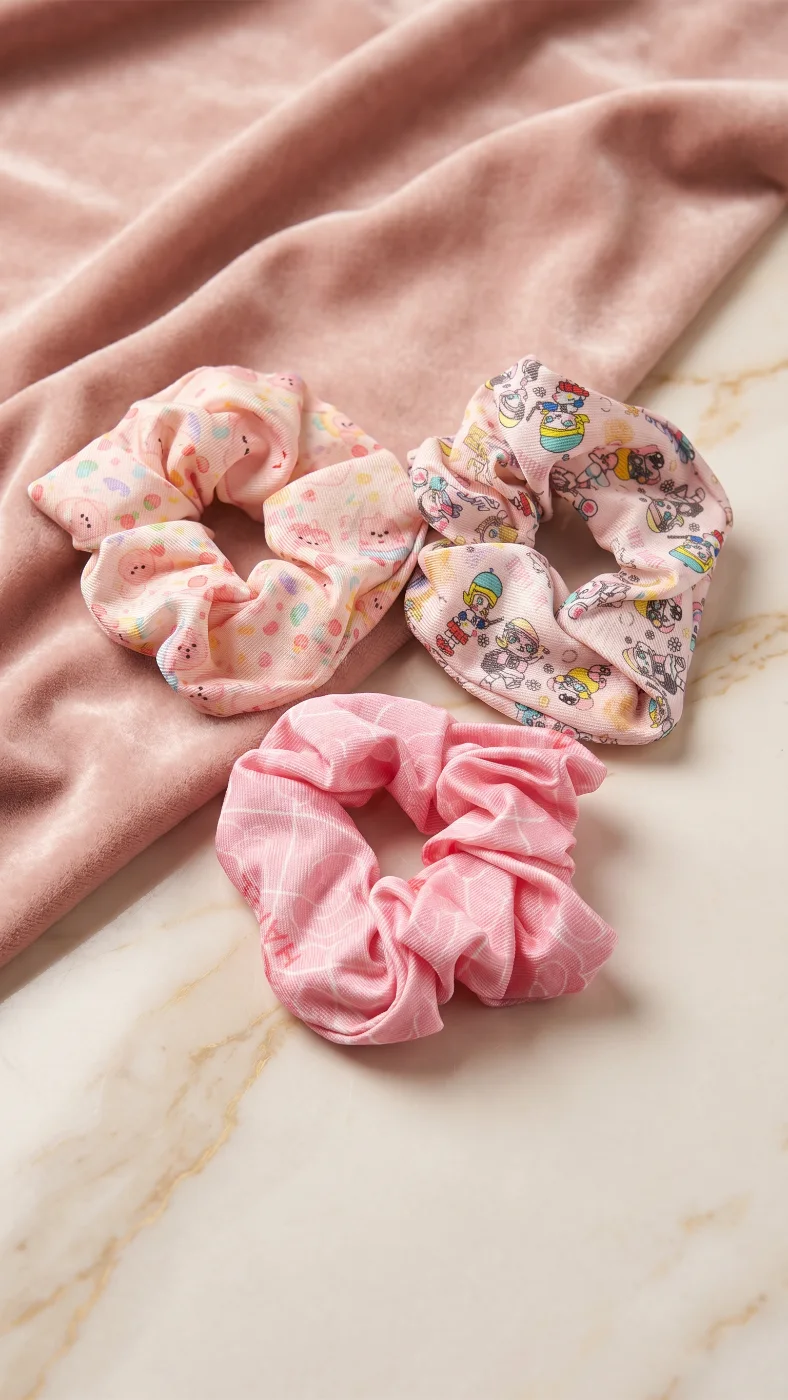 Set of 3 Pink Printed & Solid Fabric Scrunchies for Women & Girls