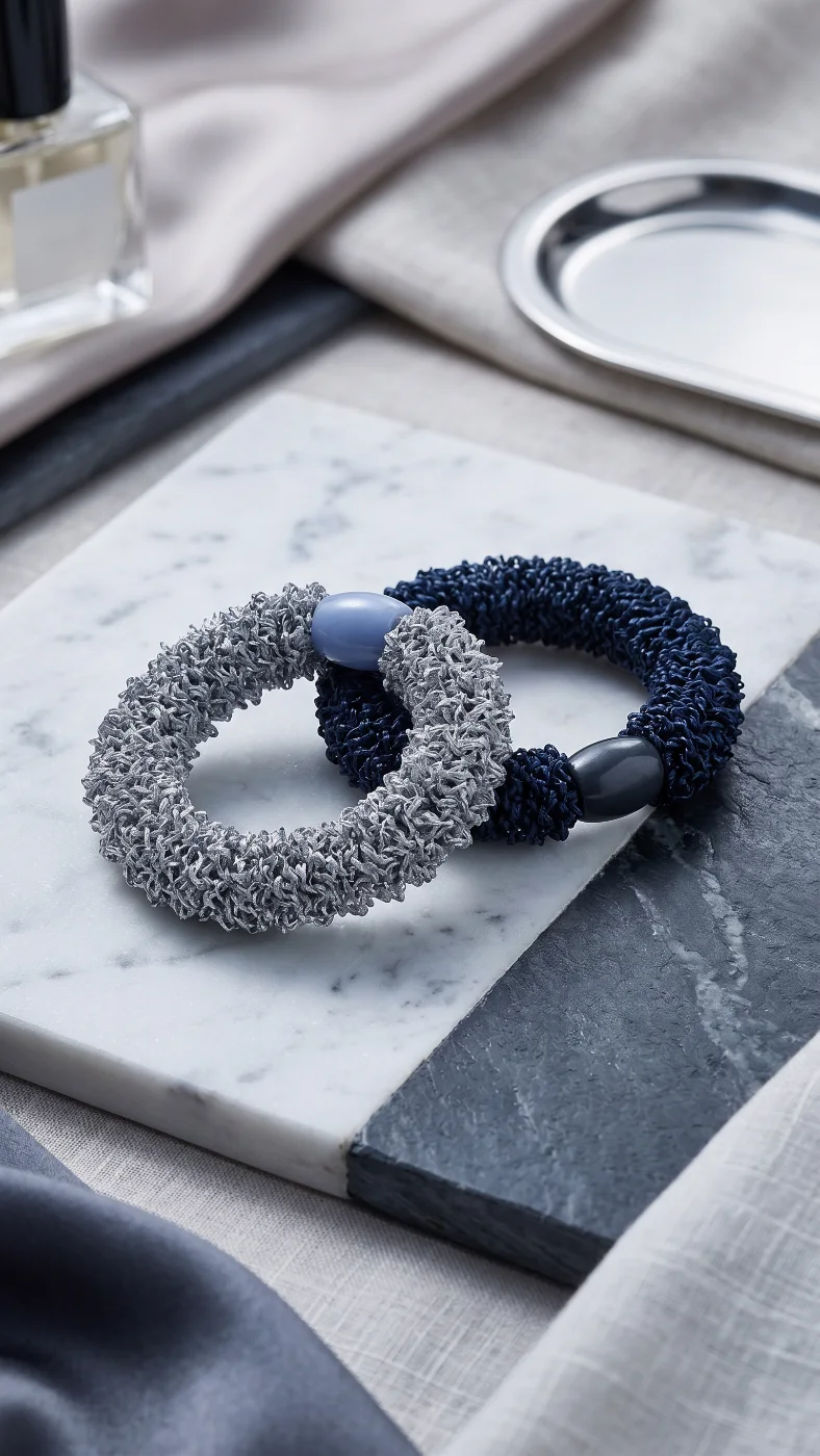 Textured Elastic Hair Ties Set - Grey & Navy Blue