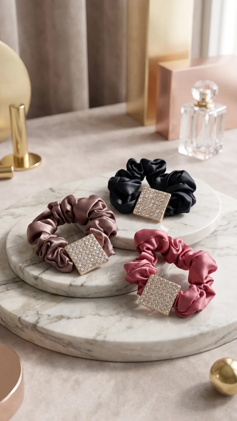 Elegant Satin Scrunchies with Rhinestone Charm - Set of 3