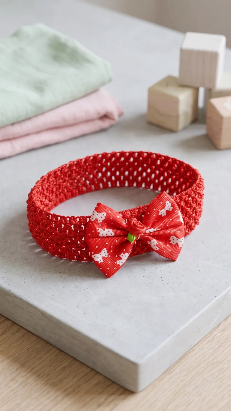 Red Knitted Baby Headband with Patterned Bow