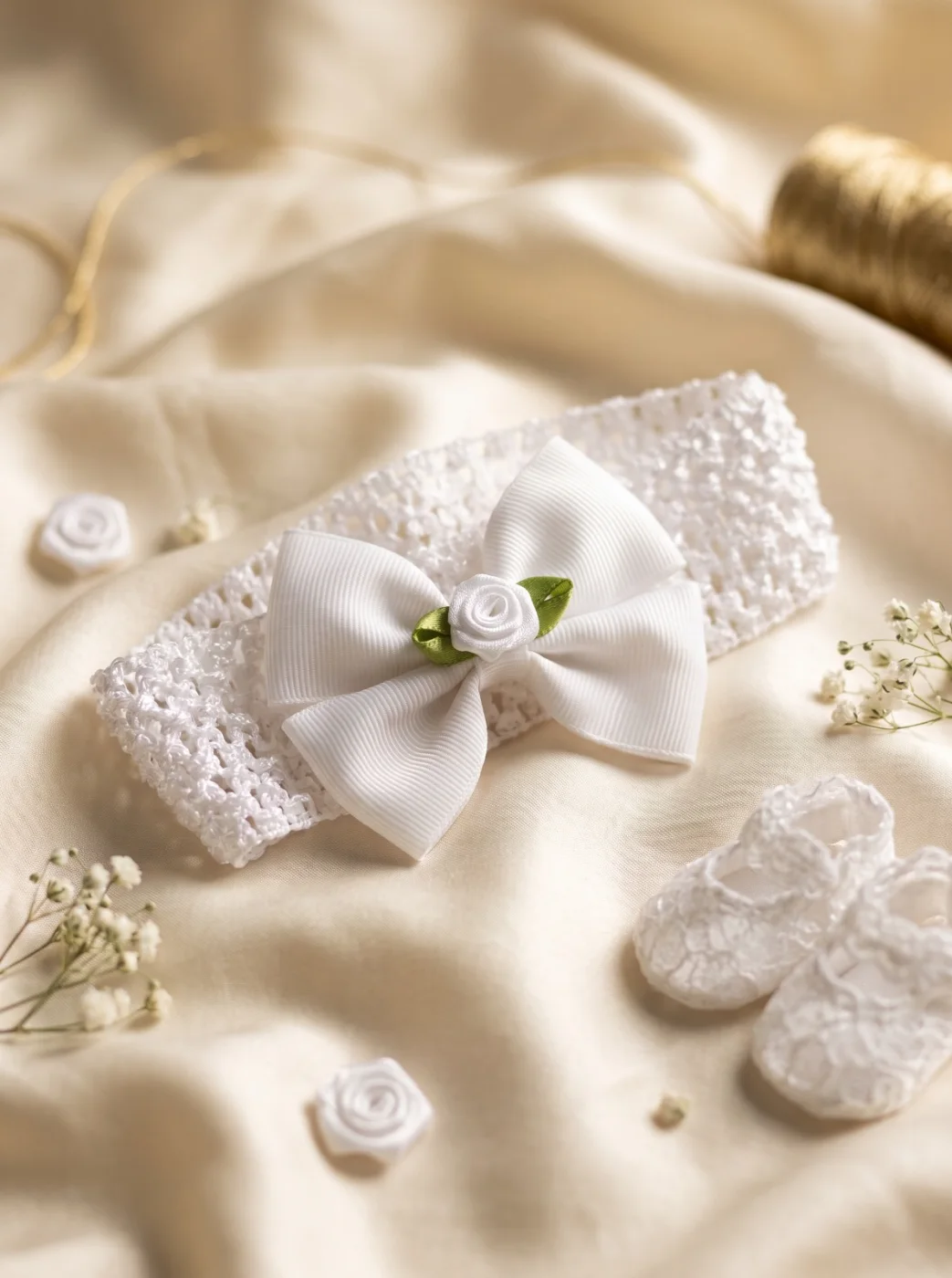 White Crocheted Baby Headband with Bow & Rose and Matching Lace Booties Set