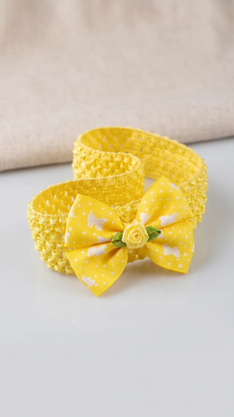 Yellow Polka Dot Bow Baby Headband with Rose Embellishment