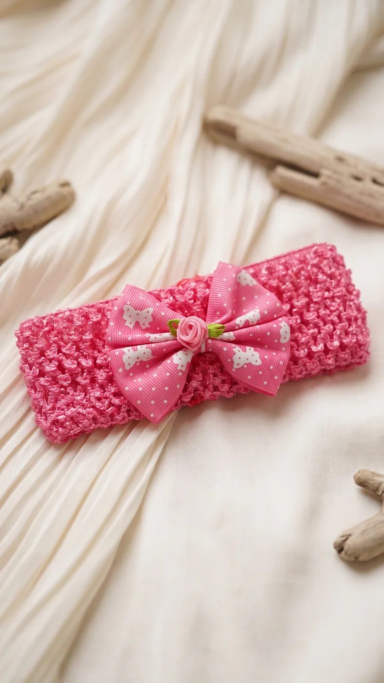 Baby Girl Pink Crocheted Headband with Polka Dot Bow and Rose