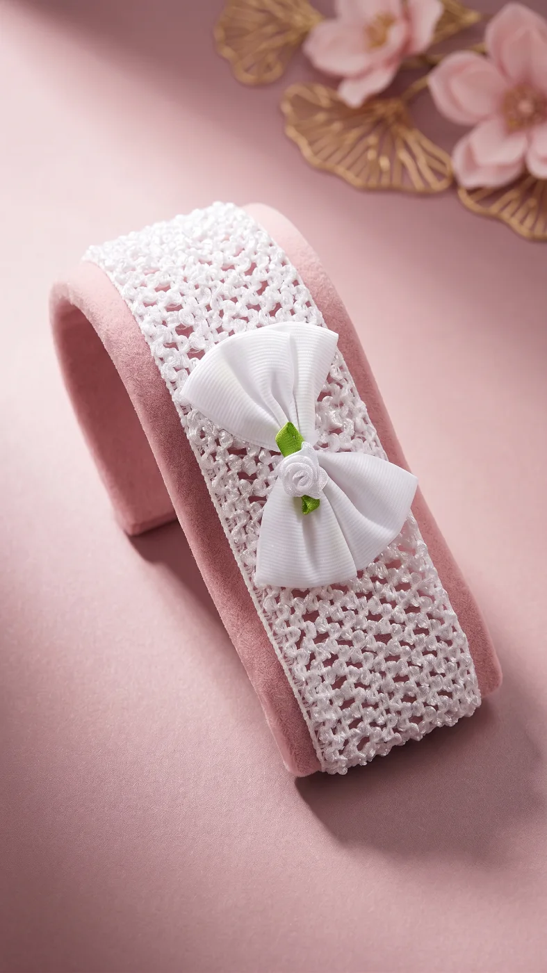 White Crocheted Baby Headband with Ribbon Bow