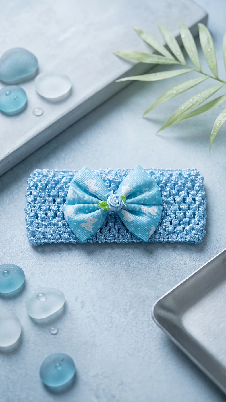 Baby Blue Crocheted Headband with Cloud Print Bow and Flower Accent