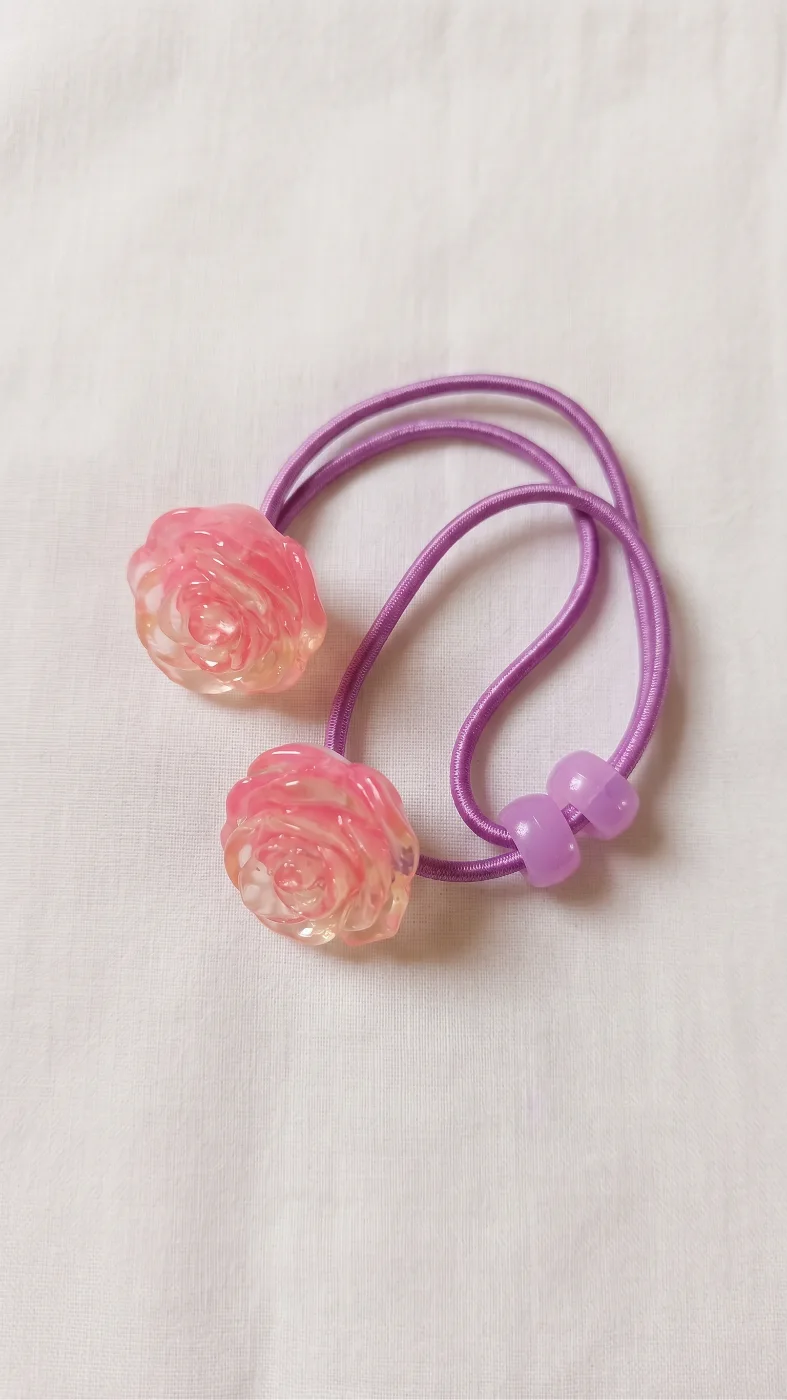 Pink Rose Design Hair Ties for Girls & Women - Set of 2