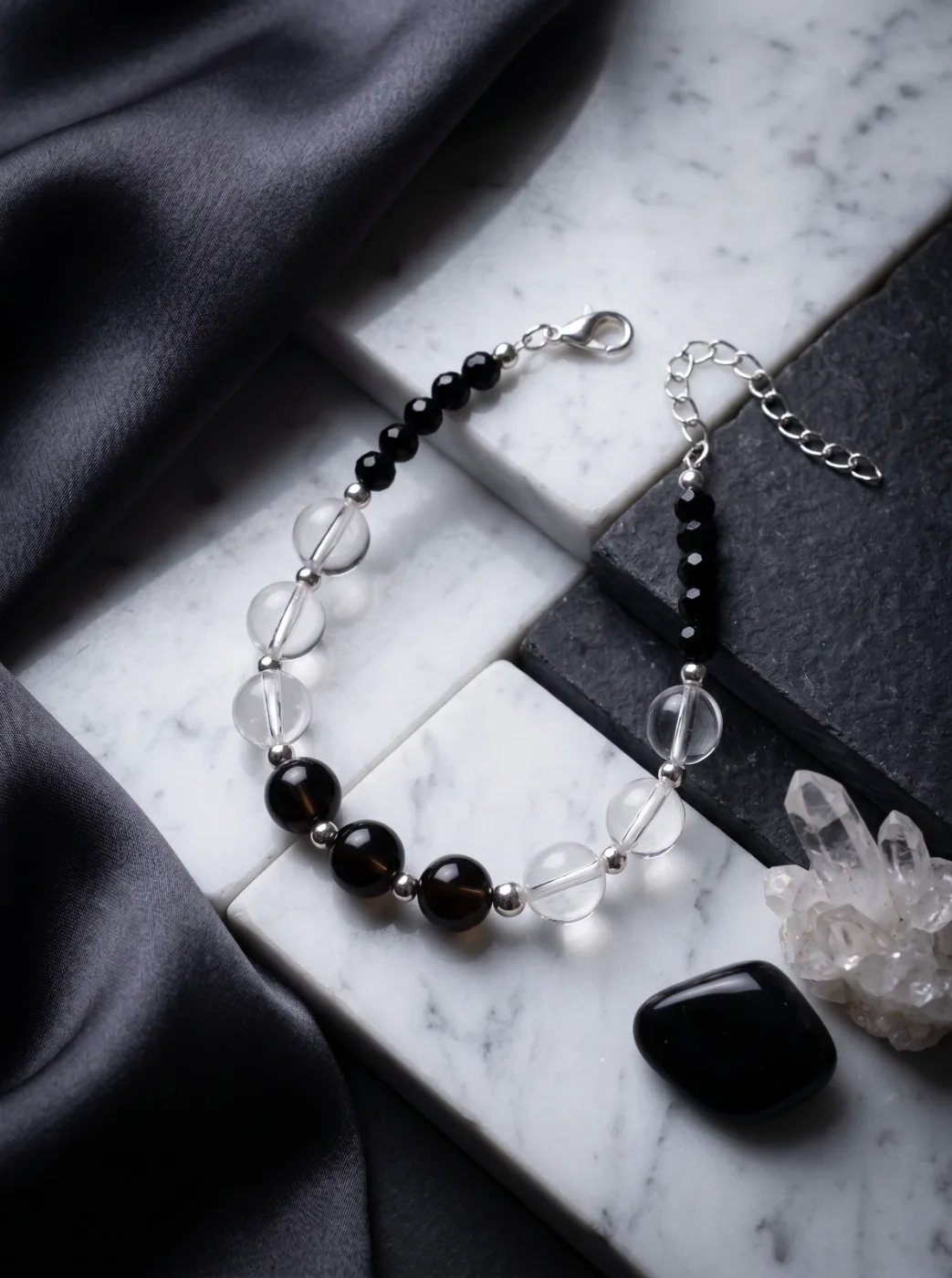 Natural Stone Beaded Bracelet with Clear Quartz, Smoky Quartz & Black Onyx