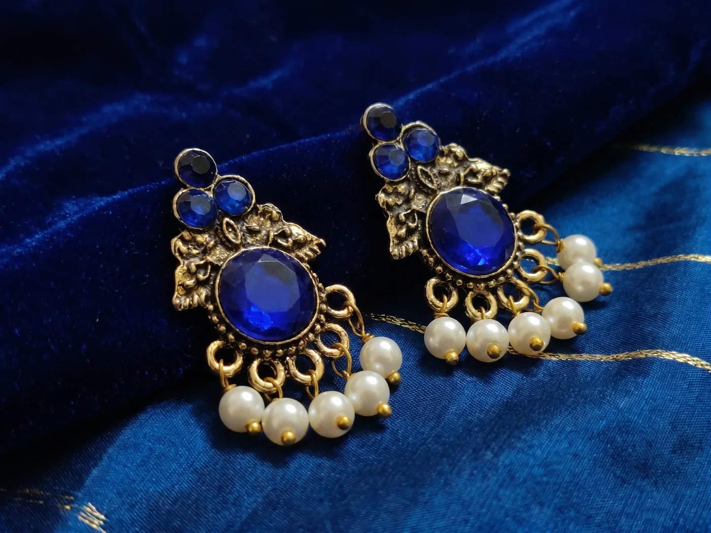 Ethnic Gold Plated Blue Stone & Pearl Drop Earrings for Women