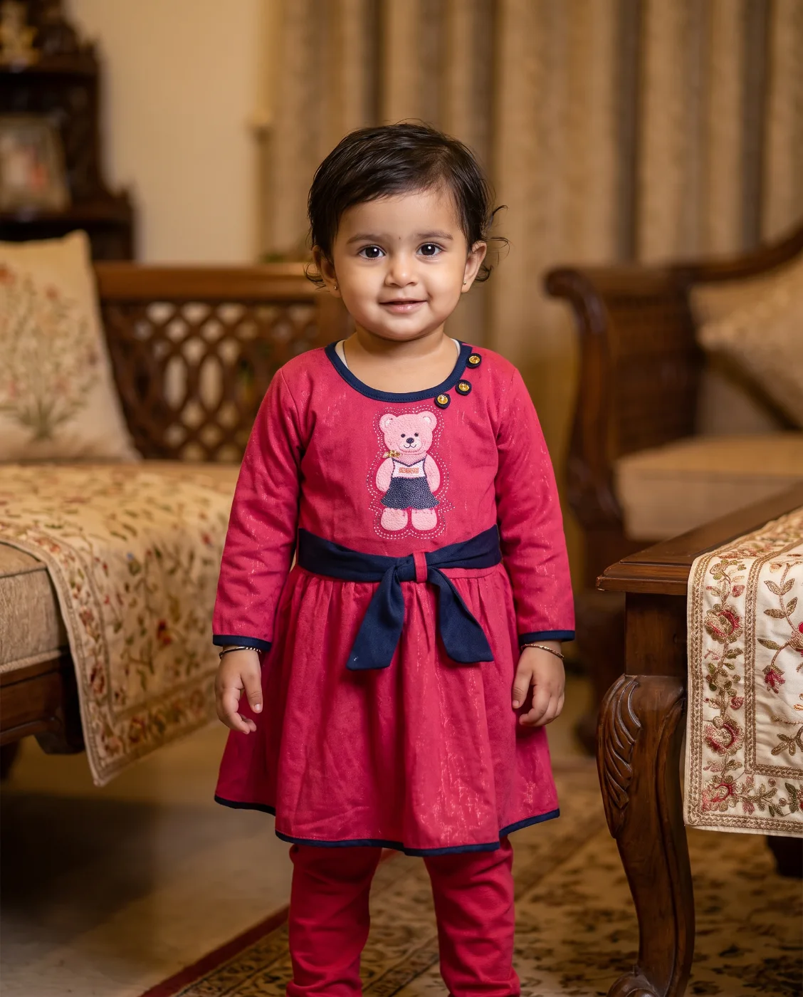 Baby Girl's Pink Full Sleeve Dress with Teddy Bear Applique and Leggings Set
