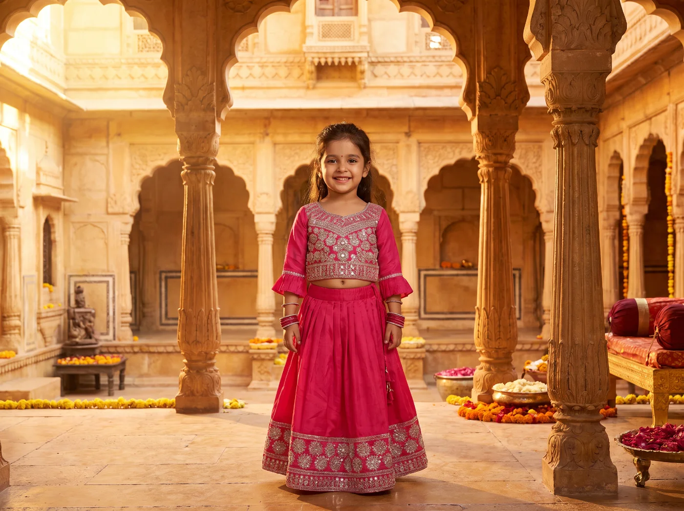 Kids Girls Rani Pink Embroidered Lehenga Choli Set