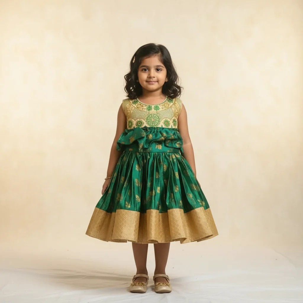 Girls Green & Gold Embroidered Festive Dress