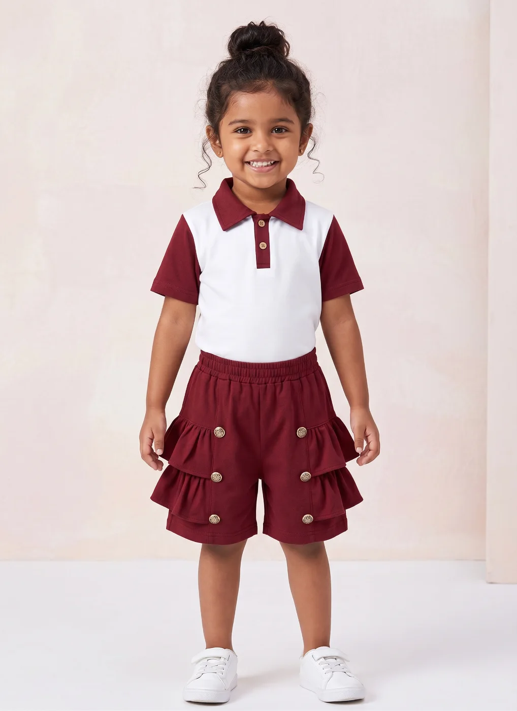 Kids' Maroon & White Two-Tone Polo T-Shirt with Ruffled Shorts Set