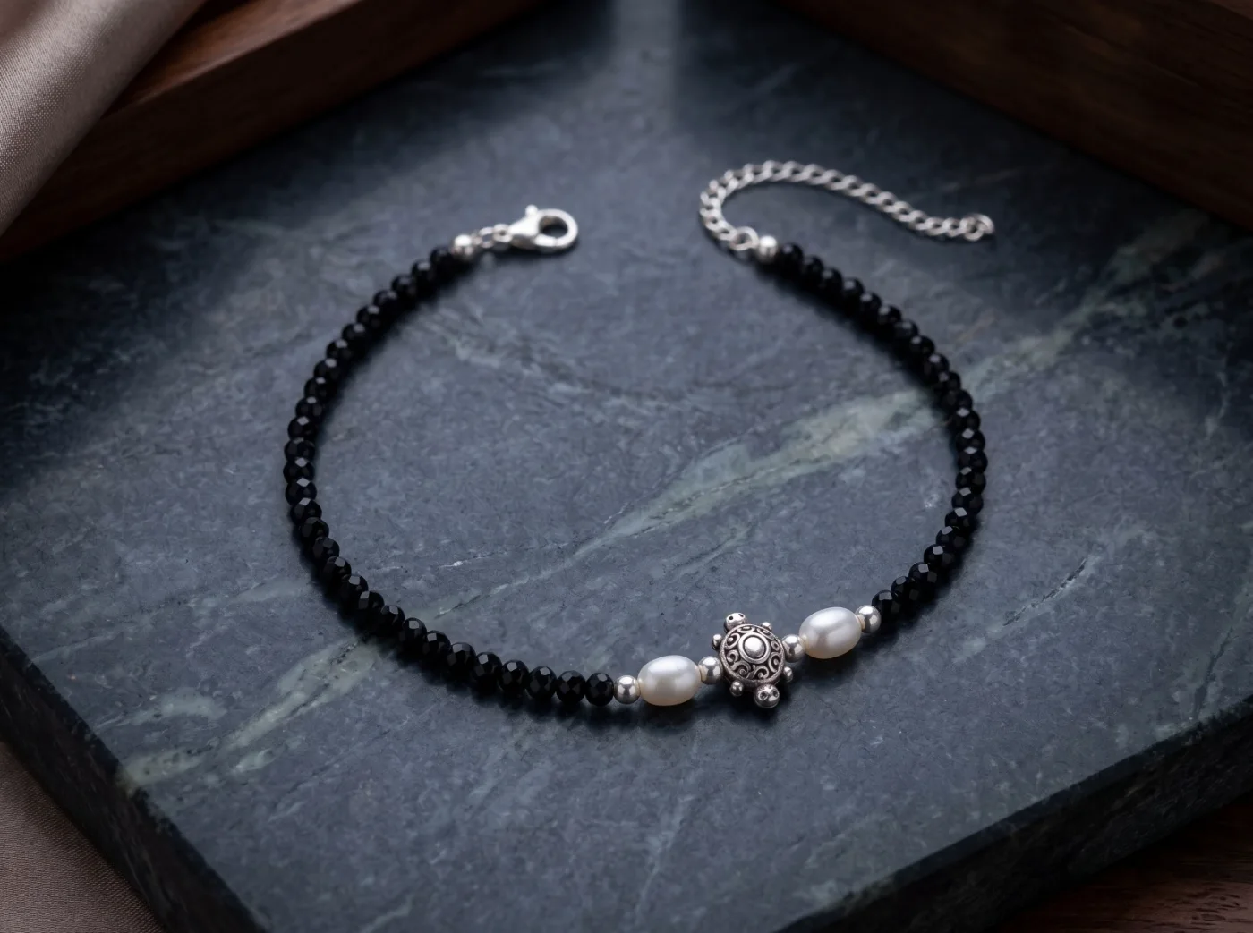 Black Onyx Beaded Bracelet with Freshwater Pearls and Silver Turtle Charm