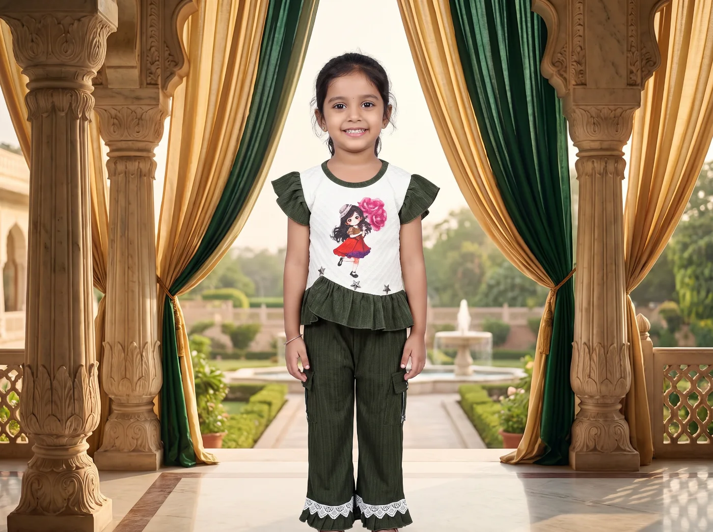 Girls White & Green Graphic Print Top with Ruffled Pants Set