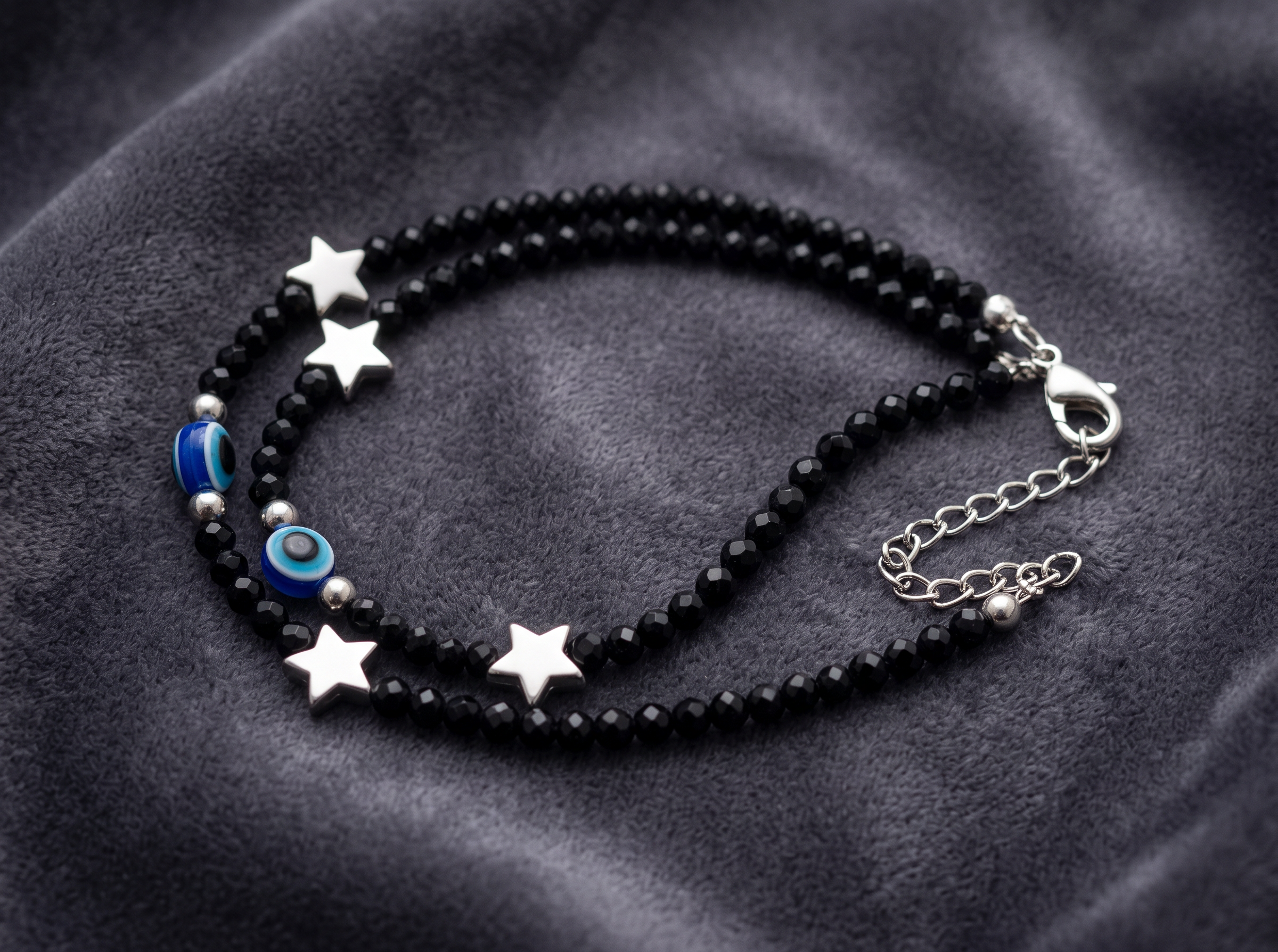 Multi-Strand Black & Grey Beaded Bracelet with Silver Accents