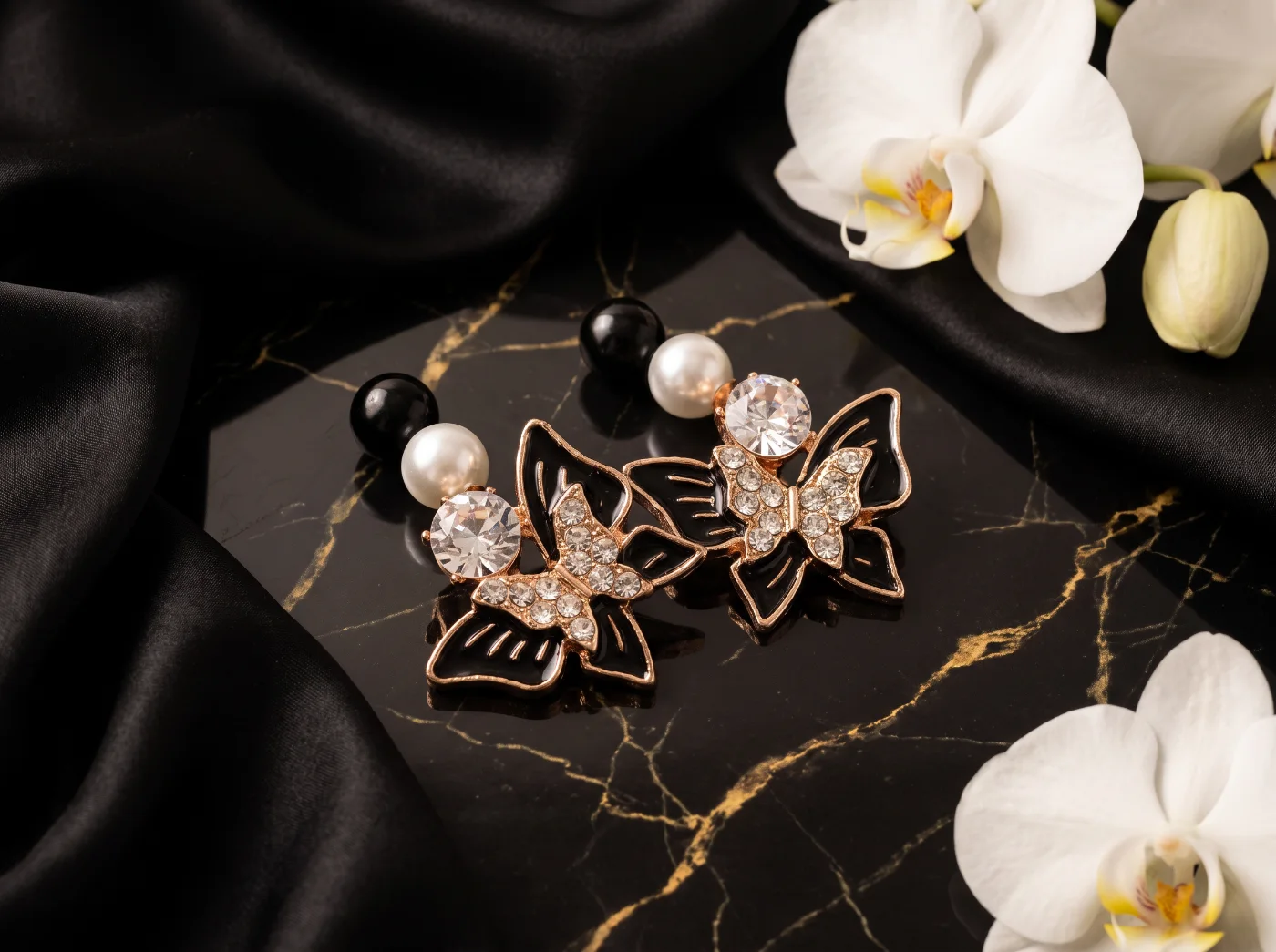 Elegant Black & Gold Butterfly Pearl Crystal Drop Earrings for Women