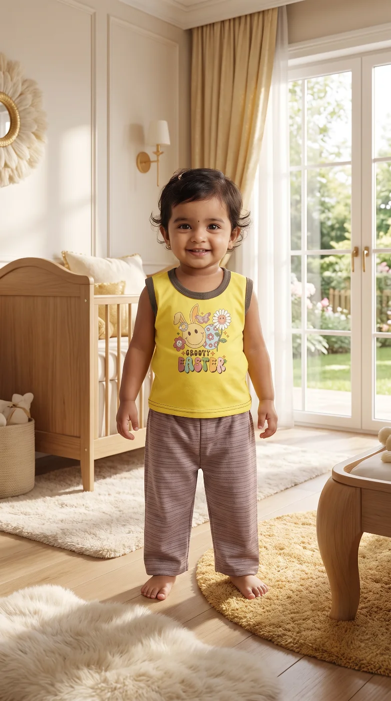Baby Unisex Yellow Sleeveless T-Shirt & Striped Pants Set