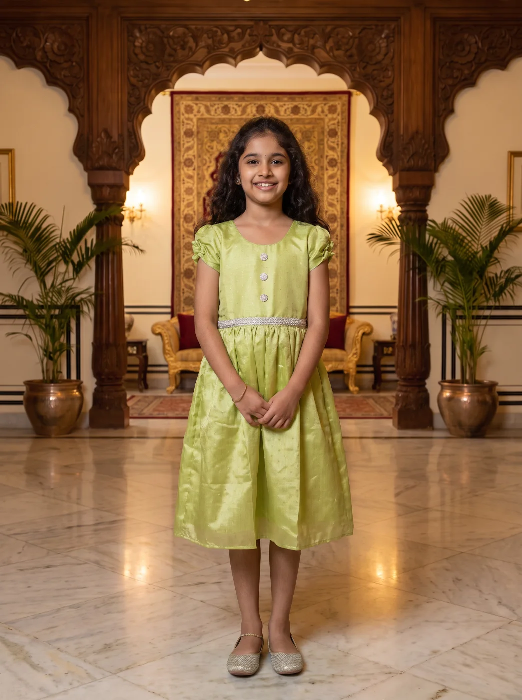 Girls' Lime Green Chanderi Silk Festive Dress with Embellished Waist