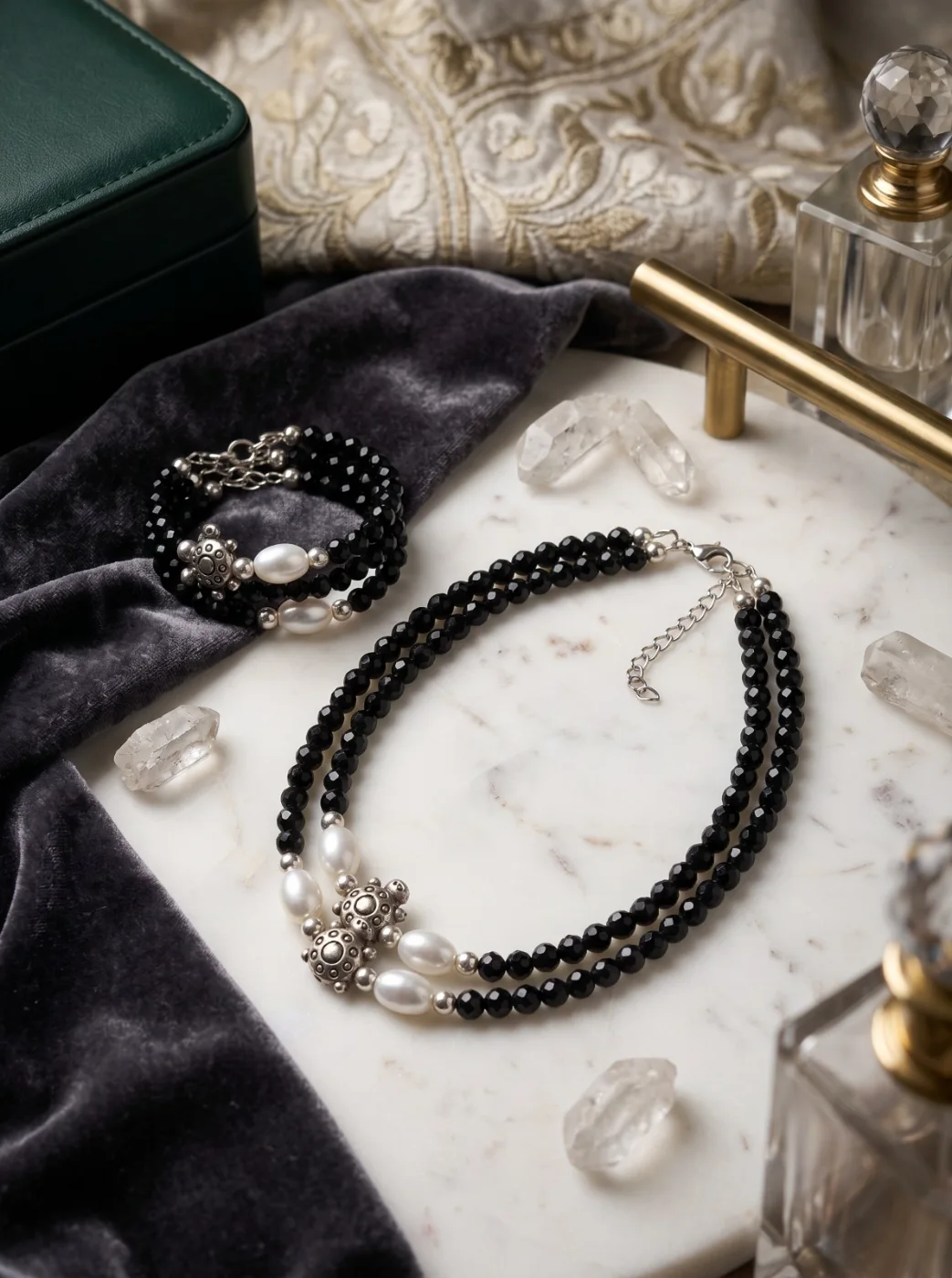 Elegant Black Faceted Bead & Pearl Necklace Bracelet Set for Women