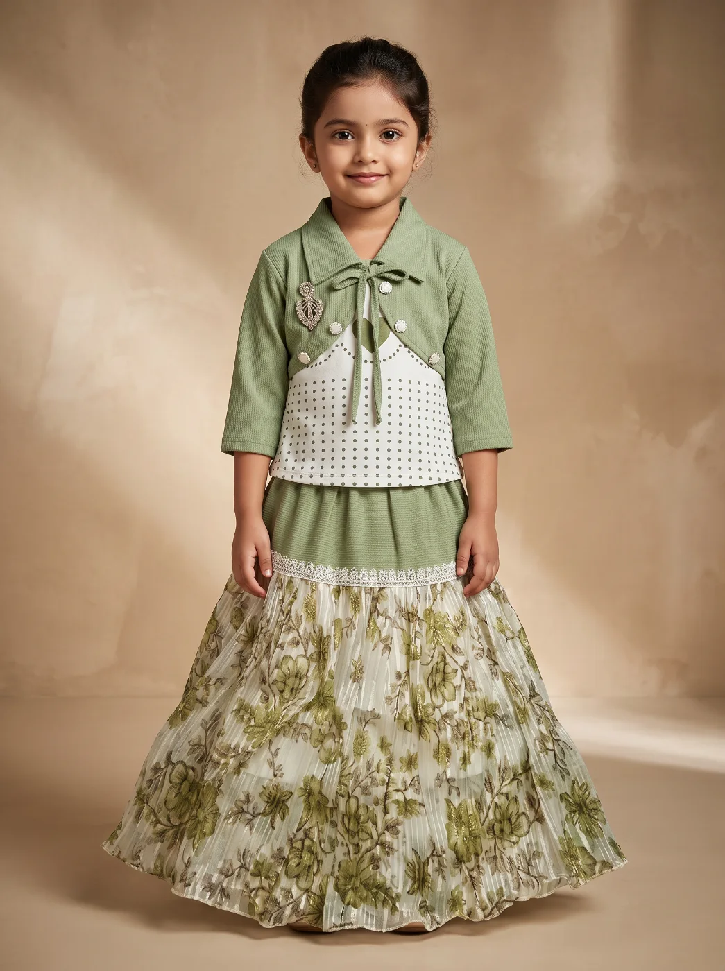Girls Green Floral Printed Lehenga Choli Set with Embellished Jacket