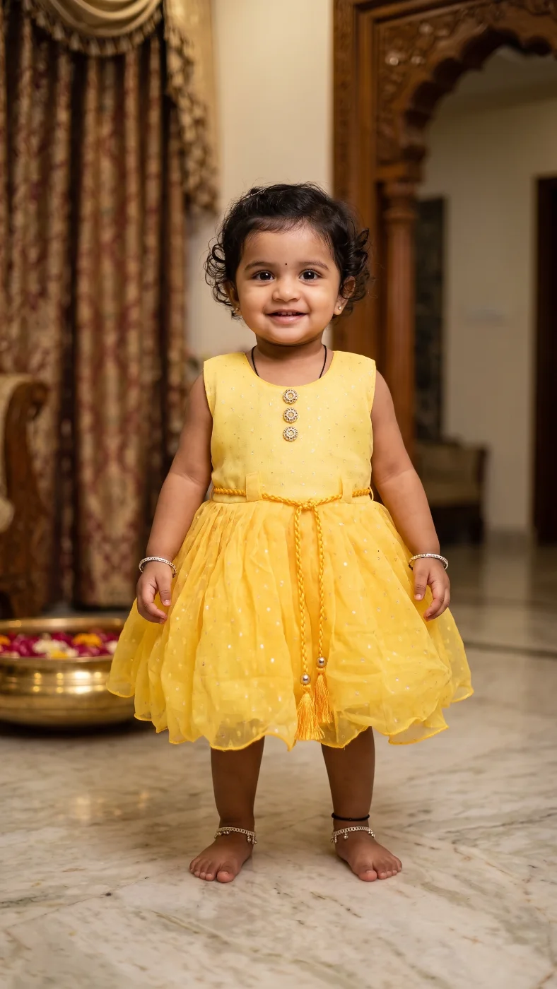 Baby Girls Yellow Sleeveless Net Frock with Embellishments