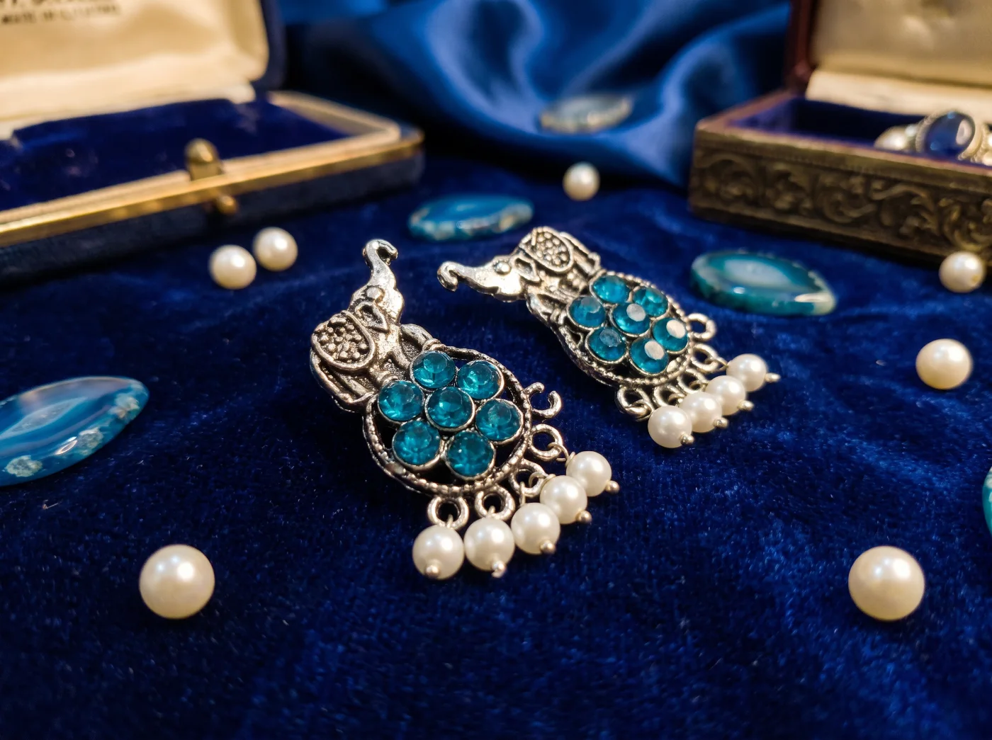 Oxidized Silver Elephant Design Dangle Earrings with Blue Stones and Pearls