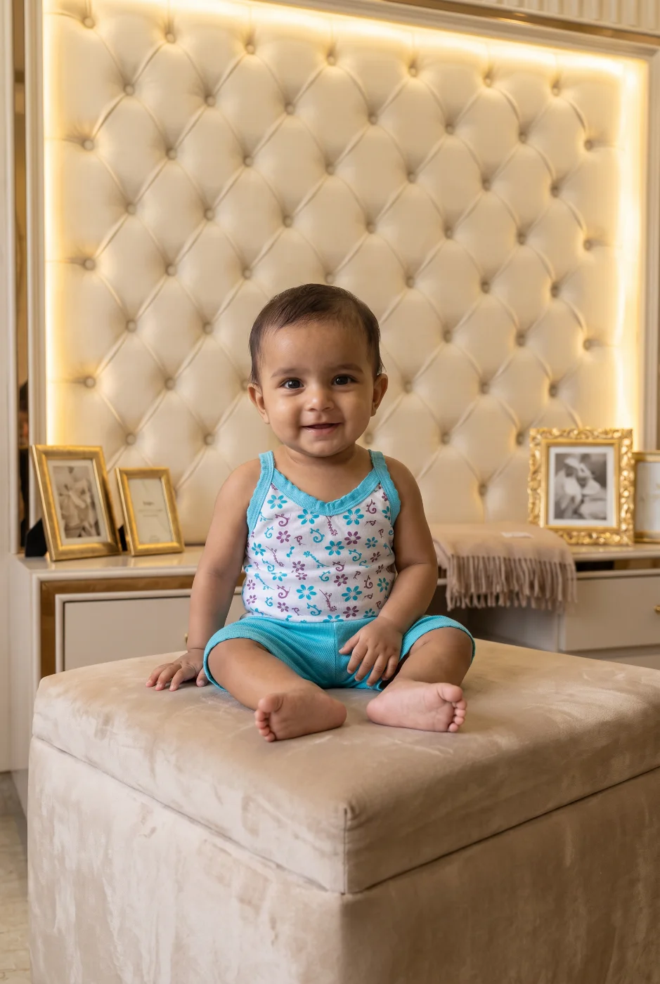 Baby Unisex Floral Print Sleeveless Top & Blue Shorts Set