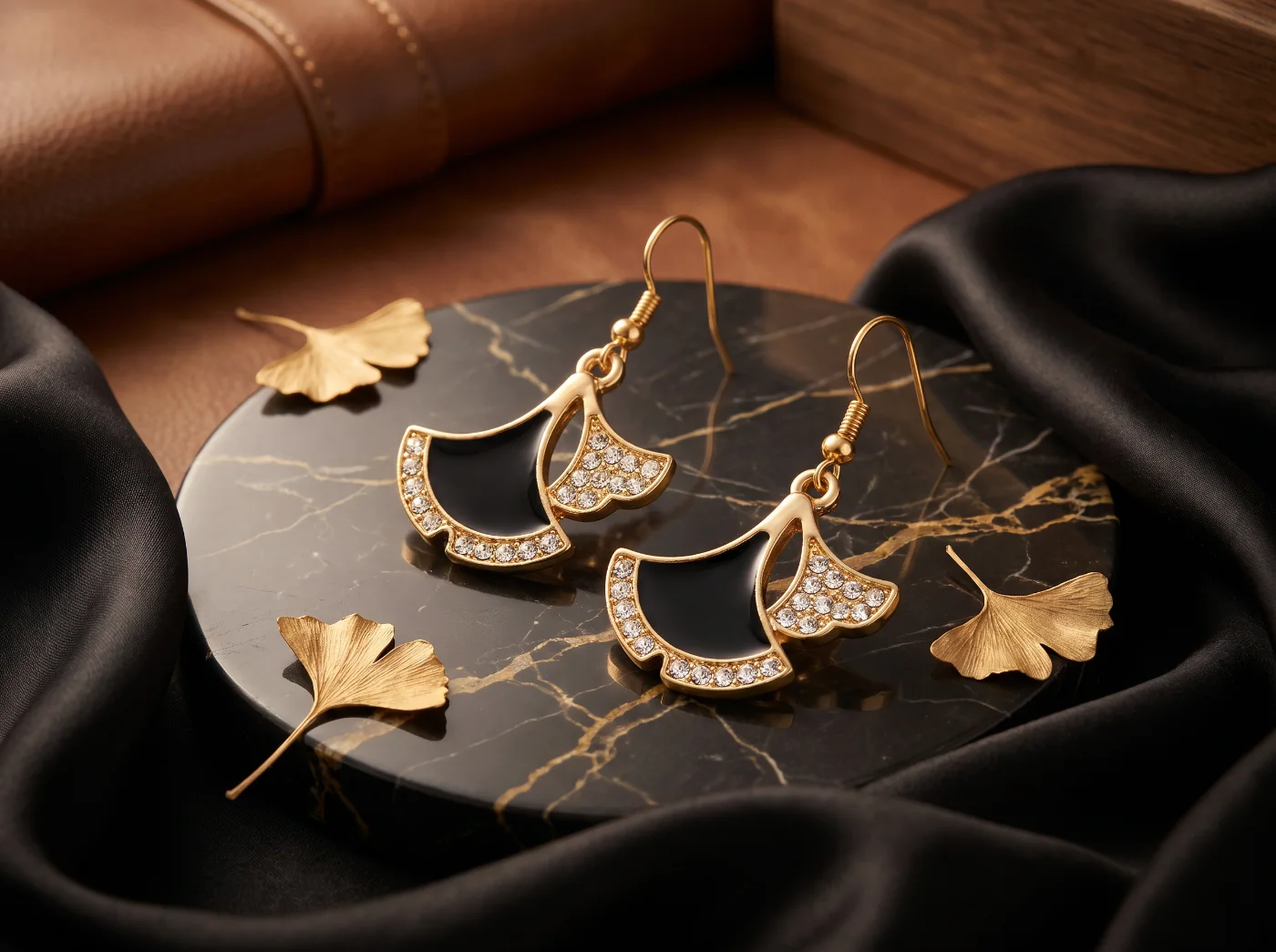 Gold-Toned Black Enamel Ginkgo Leaf Dangle Earrings with Rhinestones