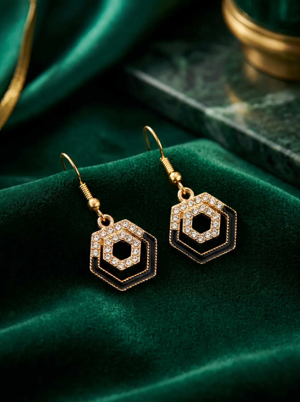 Gold-Toned Hexagonal Drop Earrings with Black Enamel & Rhinestones
