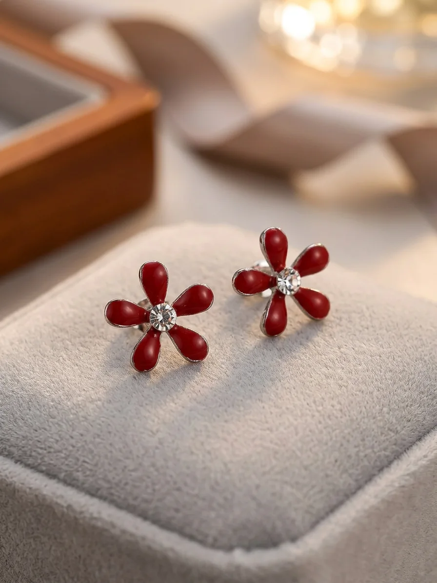 Fashion Red Flower Stud Earrings with Rhinestone Center for Women & Girls