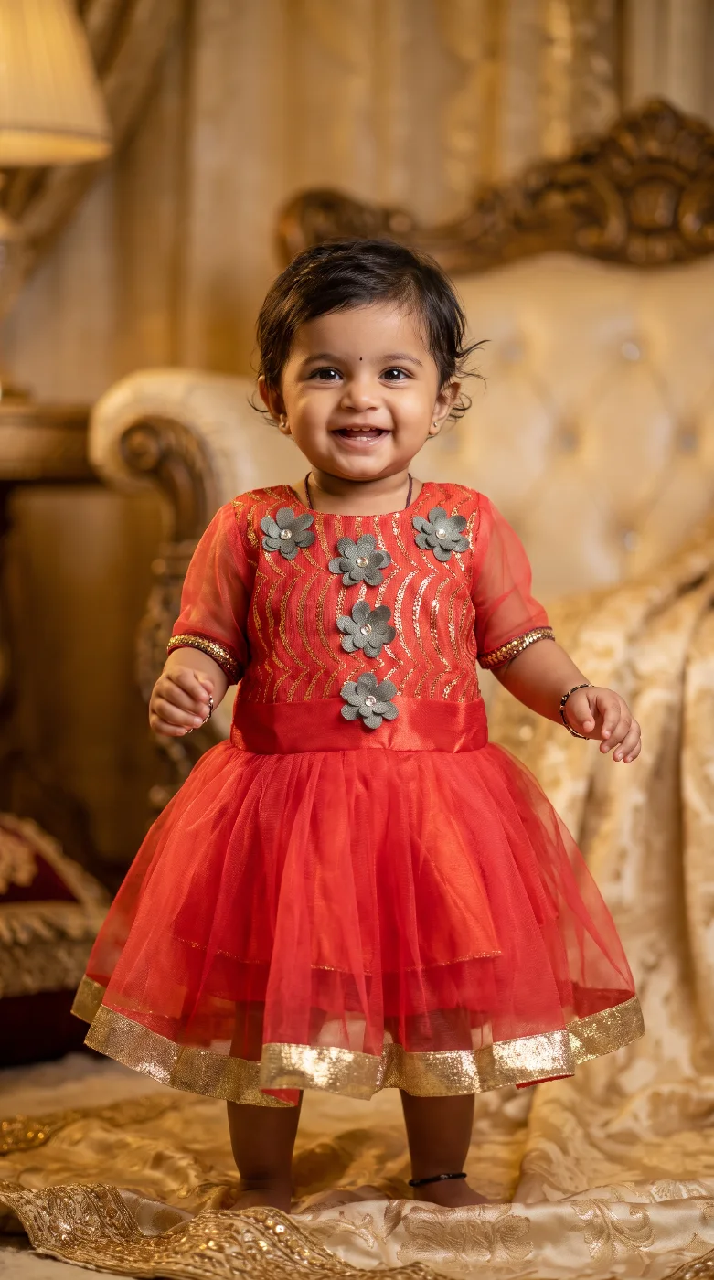 Baby Girl's Red Sequin Bodice Net Party Dress with Floral Appliques