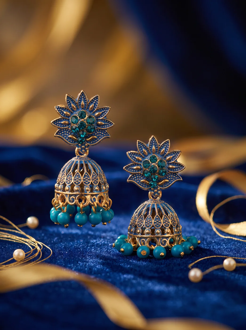 Ethnic Blue & Gold Jhumka Earrings with Teal Stones and Beads for Women