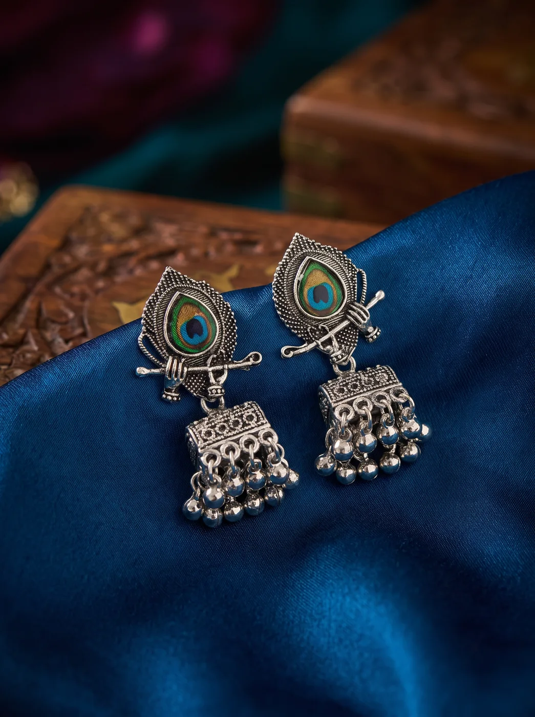 Oxidized Silver Peacock Flute Jhumka Earrings for Women