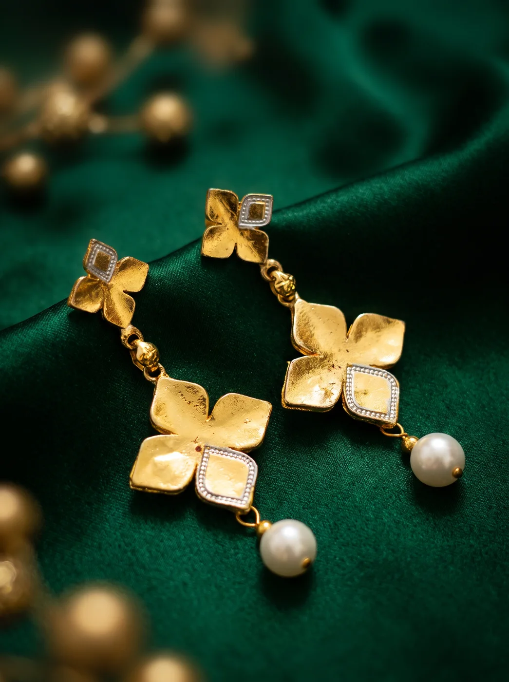 Gold Toned Floral Dangle Earrings with Pearl Drops for Women