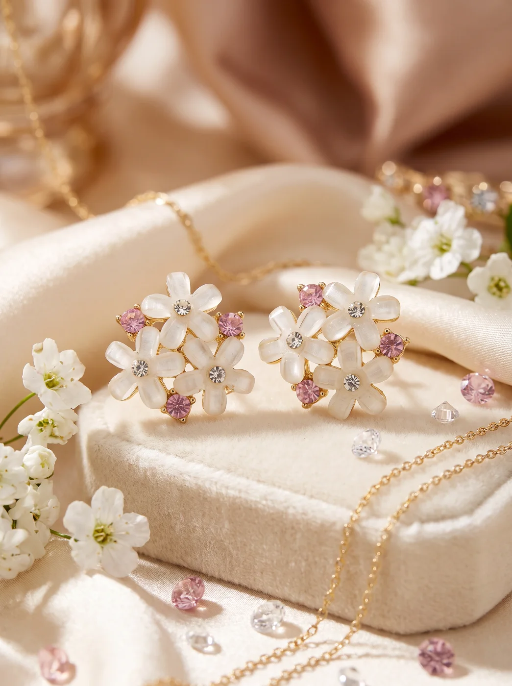 Elegant White Floral Cluster Stud Earrings with Pink & Clear Stones