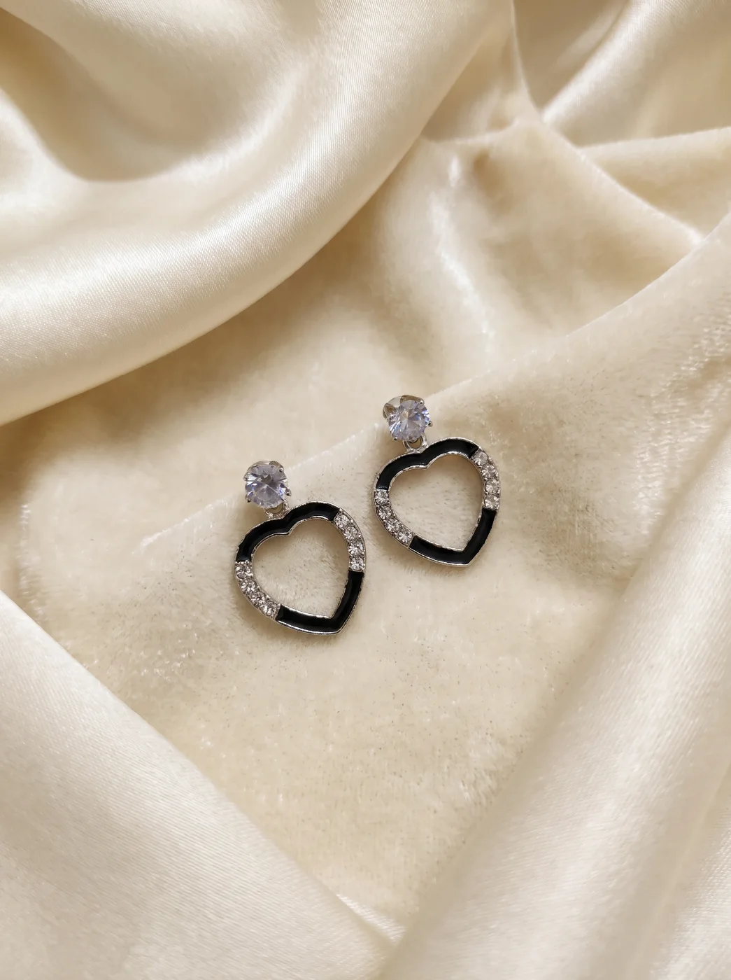 Heart Shaped Black Enamel & Stone Studded Drop Earrings for Women
