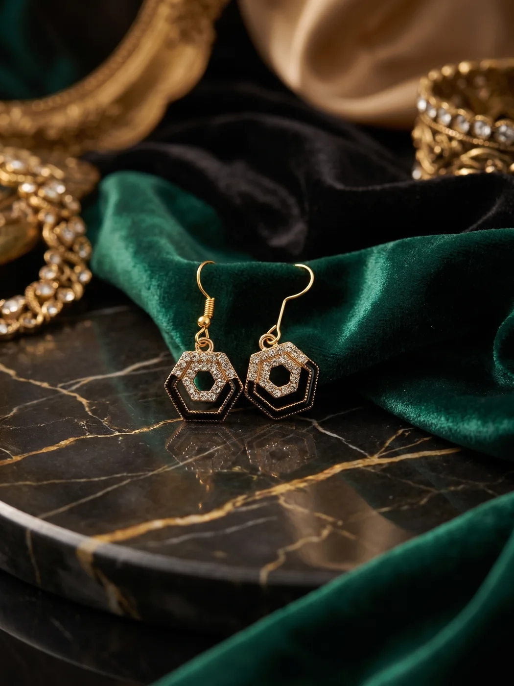 Gold Toned Geometric Hexagon Drop Earrings with Rhinestones