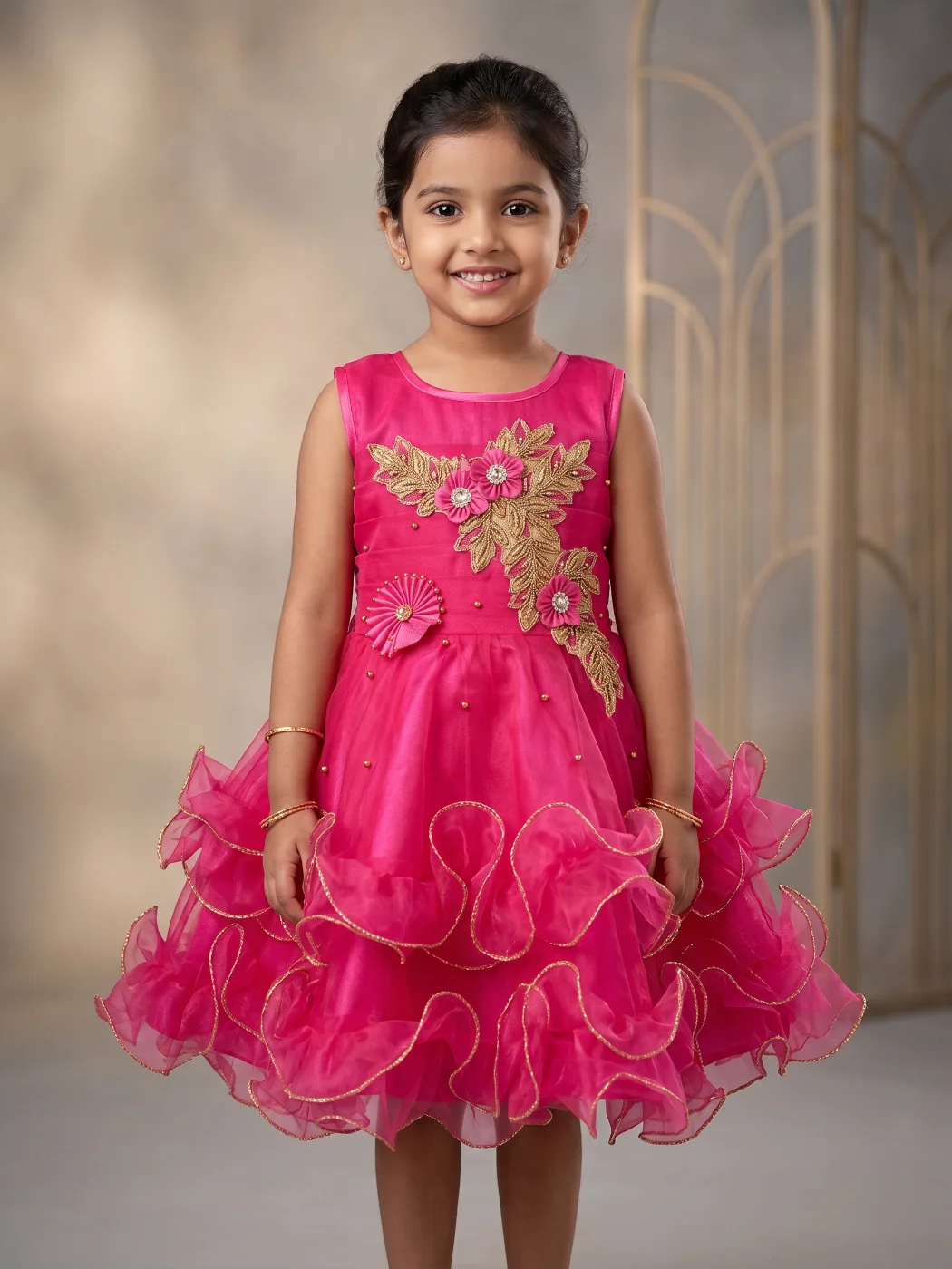 Girls Hot Pink Embroidered Ruffled Party Dress