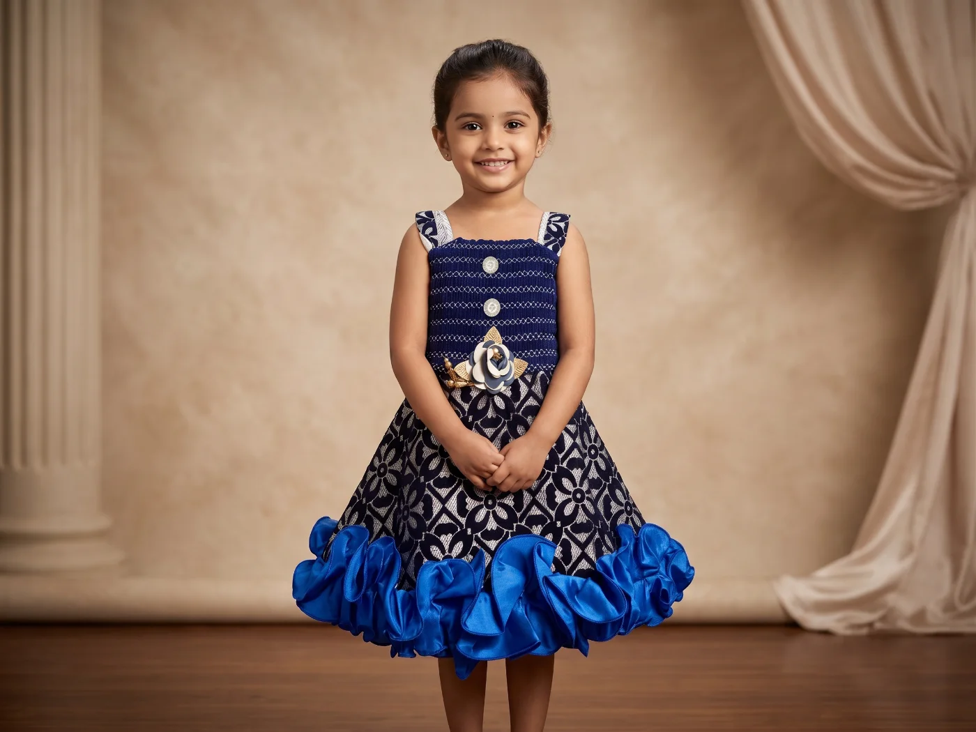 Girls Navy Blue & White Patterned Frock Dress with Royal Blue Ruffles