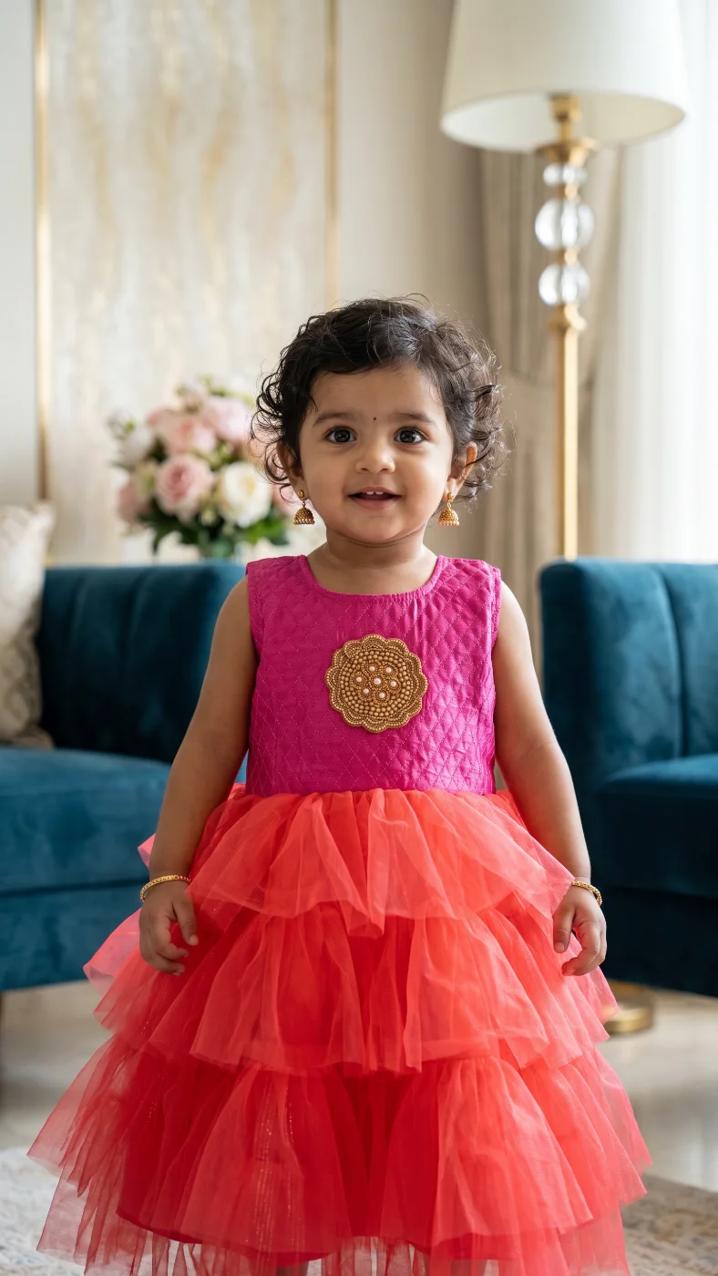 Baby Girl's Festive Pink & Coral Tiered Net Frock Dress