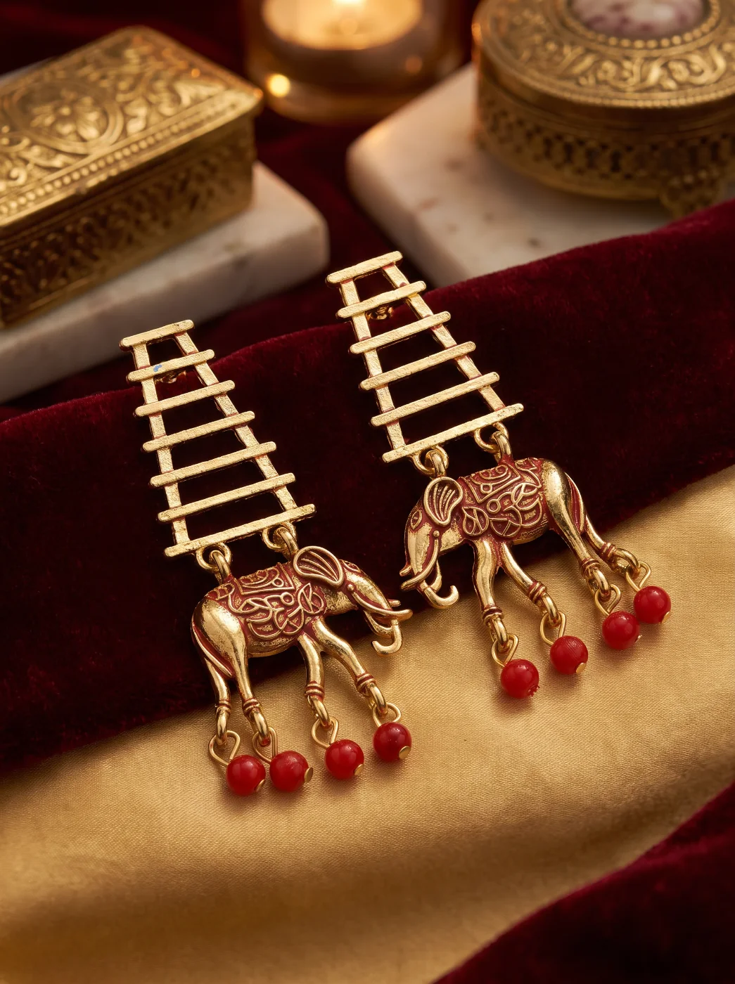 Ethnic Gold Plated Elephant Dangle Earrings with Red Beads