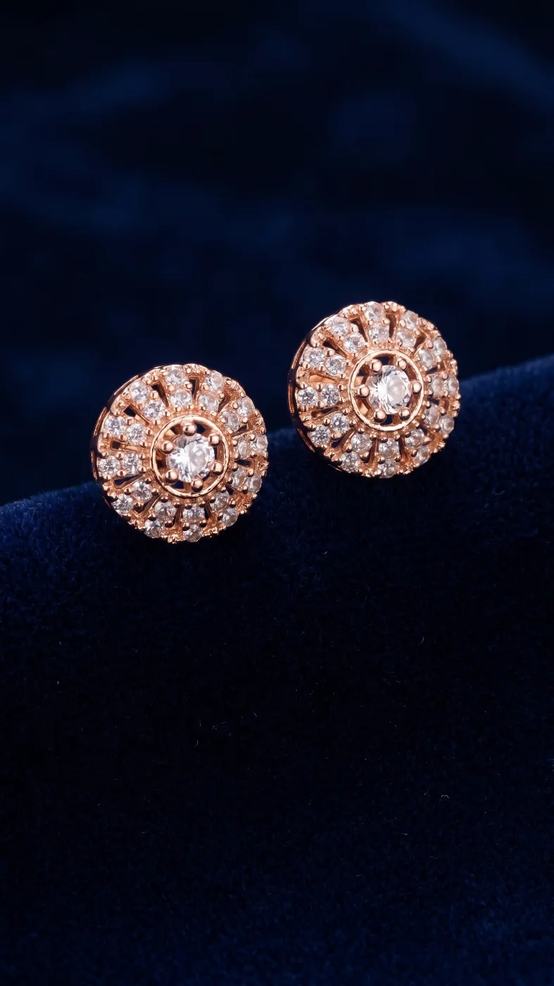 Rose Gold Plated American Diamond Floral Stud Earrings for Women & Girls