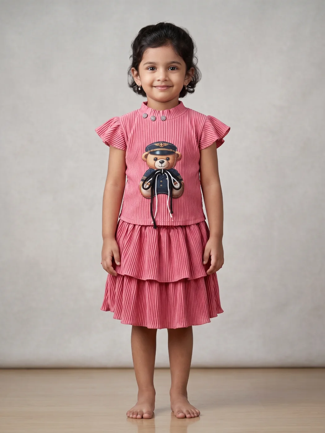 Girls Pink Pleated Frock with Bear Print