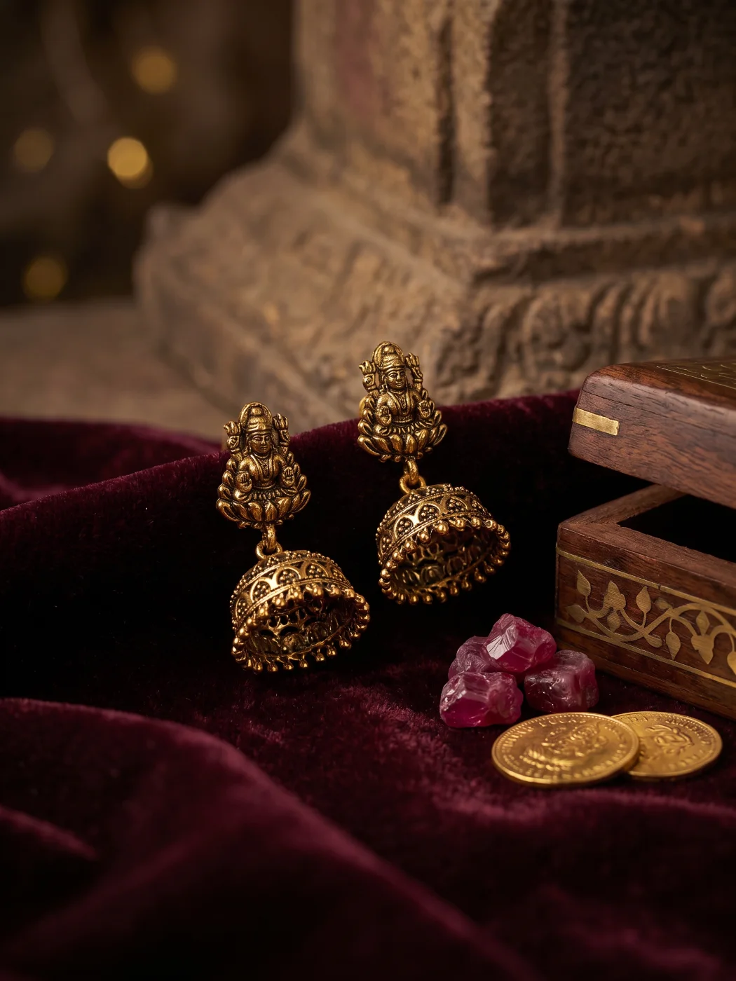 Antique Gold Plated Lakshmi Jhumka Earrings for Women