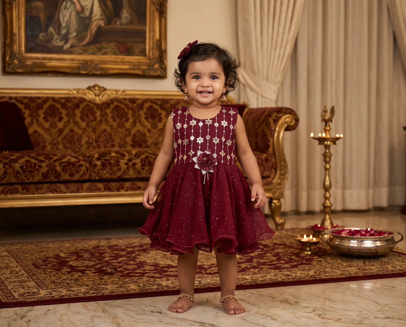 Baby Girl's Maroon Embroidered Sleeveless Festive Party Dress