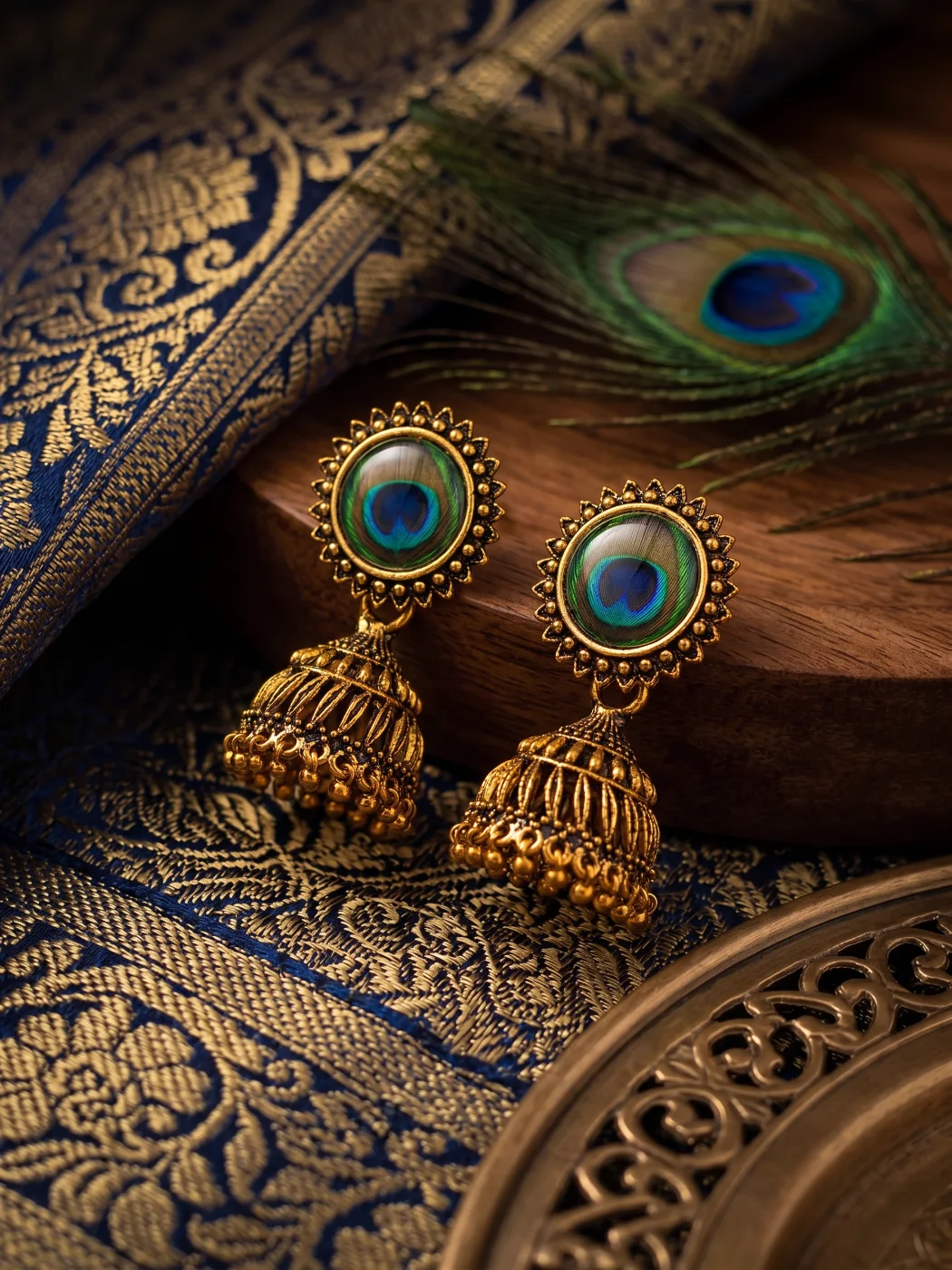 Traditional Gold Plated Jhumka Earrings with Peacock Design for Women