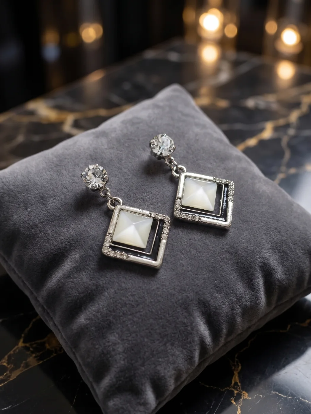 Elegant Silver Toned Dangle Earrings with White Geometric Stone and Rhinestones