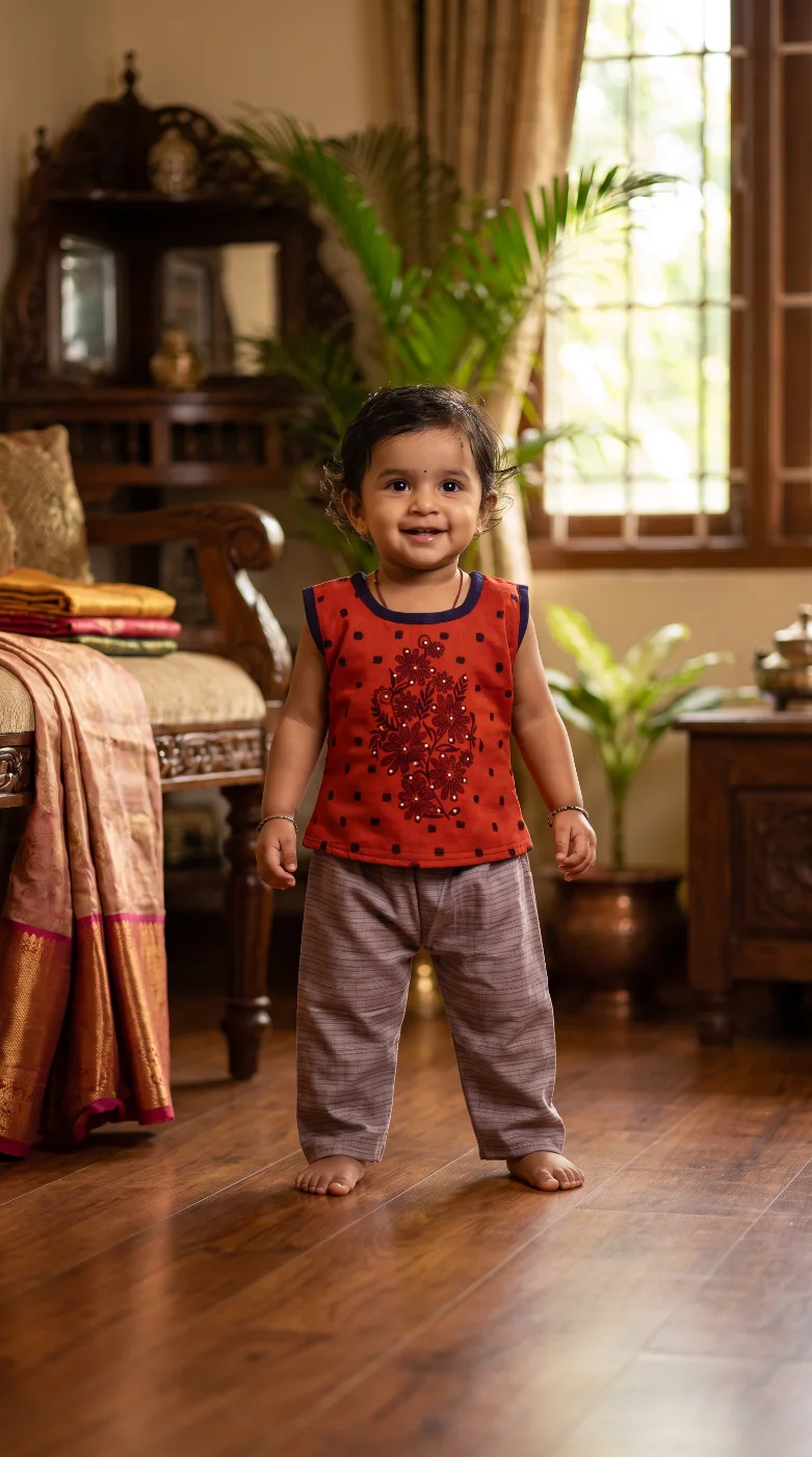 Baby Unisex Red Embroidered Sleeveless Top & Striped Pajama Set