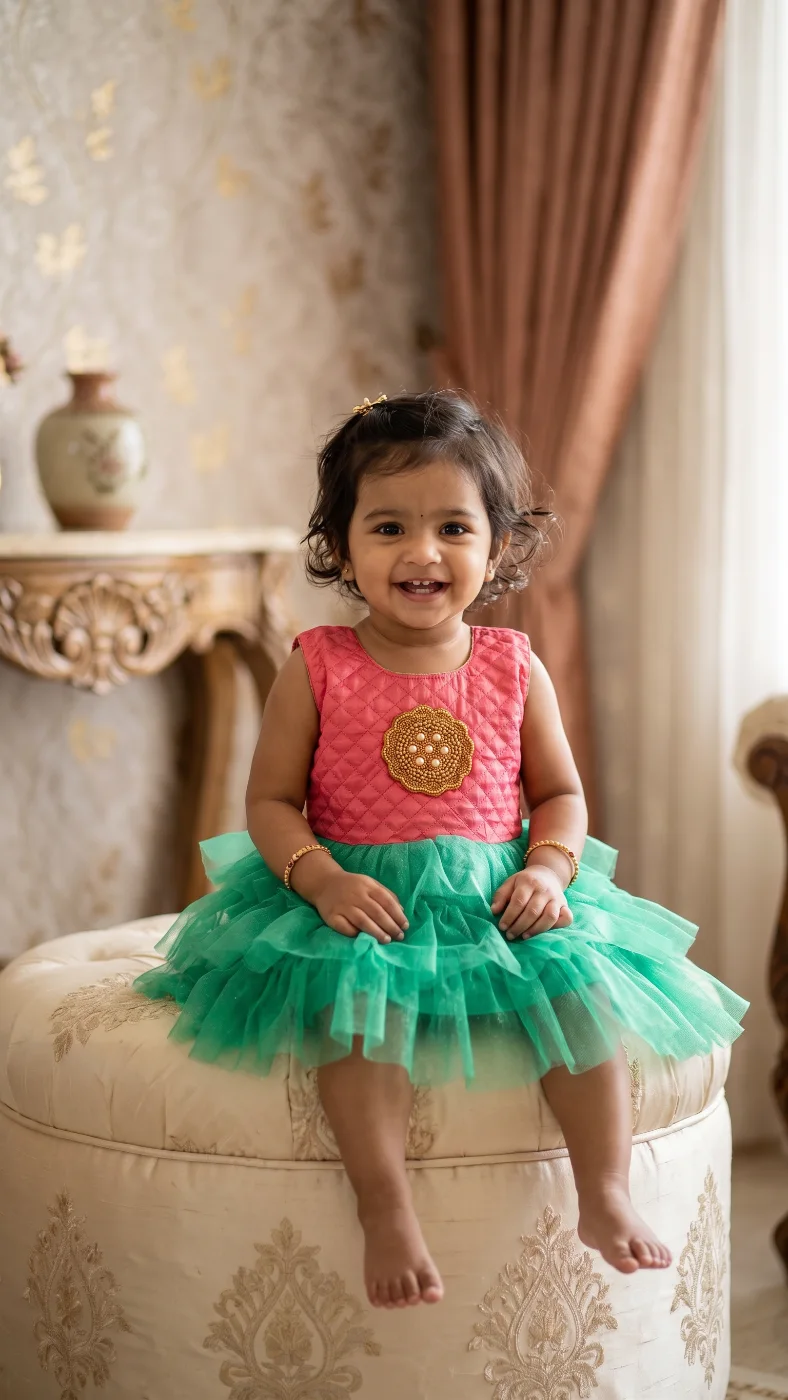 Baby Girl Pink Quilted Bodice & Green Tulle Layered Party Dress