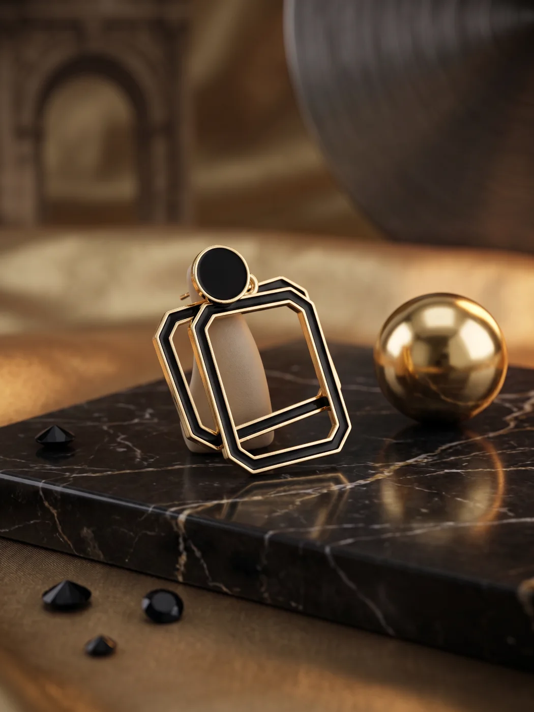 Geometric Black Enamel Gold Tone Drop Earrings for Women